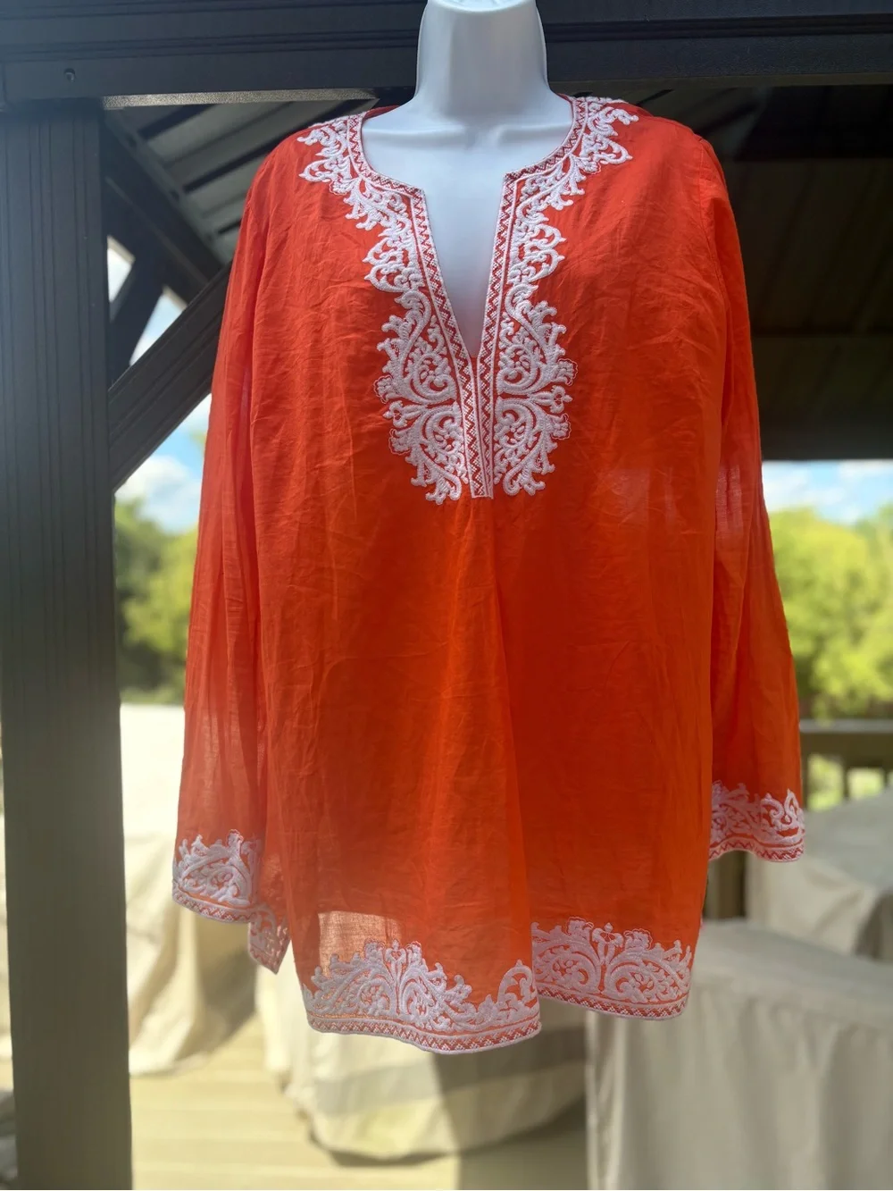 Michael Kors Orange Tunic with White Embroidery, Size: XL